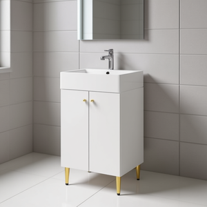 Meuble-lavabo blanc pour salle de bain avec lavabo en céramique simple de 23 pouces, armoire de rangement sur pied, design contemporain et moderne - Product Image 2