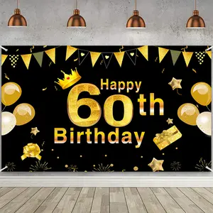 Cartel de Feliz cumpleaños de 60th, Fondo de fotografía negro, fiesta de tela para decoración del hogar, soporte personalizado y al por mayor