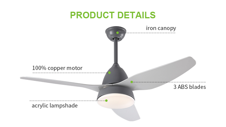 Remote control in stock ABS material 3 blades natural wind tricolor ceiling fan led light