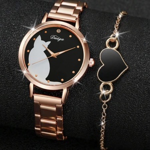 2025 New Cross-Border <b>Cute</b> Cat Round Dial Alloy Watch Temperament Inlaid Diamond Quartz Watch Heart <b>Bracelet</b> Set - Product Image 1