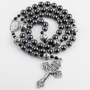 Collier de prière en hématite de 8 mm, chapelet de la Vierge Marie avec pendentif croix de Jésus, bijoux pour hommes - Product Image 6
