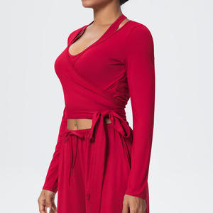 2 Piece <b>Yoga</b> <b>Set</b> V Neck Long Sleeve Self-Tie Wrap Crop Top High Waist Drawstring Shorts Solid Color Breathable Spandex Polyester - Product Image 2