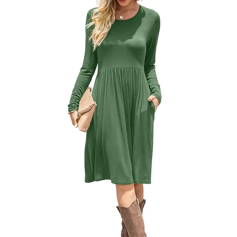 100% Recycled Polyester Jersey Women Casual Long Sleeve Dresses Empire Waist Loose Dress with Pockets
