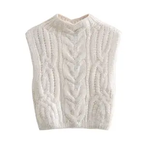 X10902C Metallic Turtleneck Women Sweater Vest Cable Knitted Sleeveless Vest Woman Pullover Cropped Sweaters Woman Crop Knit Top