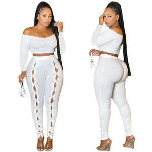 Tissu extensible à la mode <span class=keywords><strong>2023</strong></span>, vêtements pour femmes, Top et pantalon tout blanc, tenues Sexy deux pièces - Product Image 1