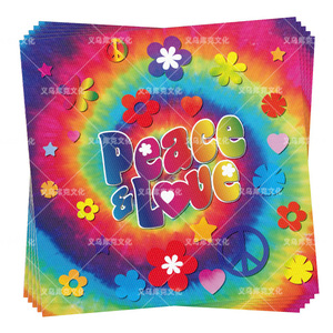 Ensemble de vaisselle de fête arc-en-ciel tie-dye coloré : assiettes, gobelets, serviettes, ustensiles – Fournitures d'anniversaire 40-60 pièces, thème floral Paix et Amour - Product Image 3