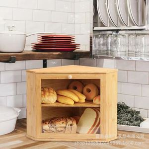 Bamboo Triangular Bread Box Double Layer Wooden <b>Storage</b> <b>Kitchen</b> Baking Pastry Container Natural Wood Color - Product Image 1