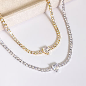 Collar de cadena de tenis con colgante de corazón, chapado en oro de latón, para fiesta - Product Image 3