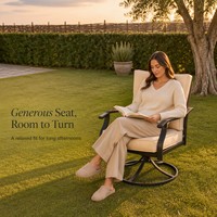 Fauteuil pivotant d'extérieur avec coussins beiges, structure en aluminium noir, fauteuil de jardin