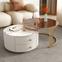 Centre nordique en verre trempé de luxe blanc et or meubles de salon Table basse ronde de rangement gigogne avec tiroirs