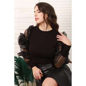 Blusa Negra Romántica Moderna con Detalle de Manga Transparente de Organza, Ropa de Uso Diario para Mujer - Product Image 1