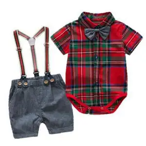 Summer Baby Clothing Set Plaid Rompers Bracelets Shorts and Red Plaid Romper 3pcs Boys Casual Suits Baby Boy Clothes