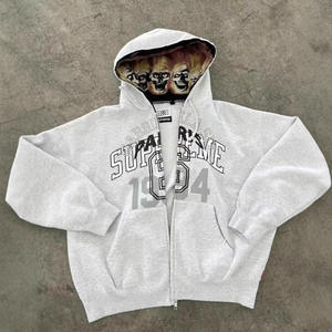 复古哥特式街装定制标志水钻骷髅印花兜帽重量级超大男女通用拉链运动衫 - Product Image 3