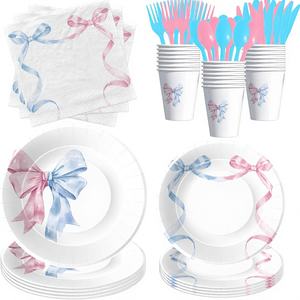 Articles de fête sur le thème du nœud papillon pour révélation du sexe du bébé (garçon ou fille) – Assiettes, gobelets, serviettes et couverts jetables « <span class=keywords><strong>Il</strong></span> ou Elle » - Product Image 1