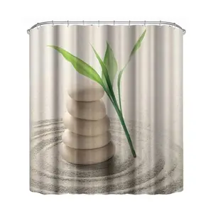 浴室浴帘3D印花石材植物沙浴帘防水聚酯门帘带挂钩 (180 * 180厘米)