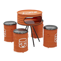 Ensemble de mobilier de bar commercial tendance : table et chaises en forme de fût d'huile, tabourets de rangement, style industriel en fer, pour extérieur