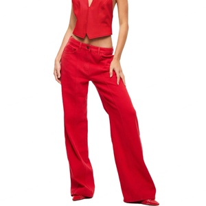 Wholesale Price Fashion Casual Washed Street Unisex Style Low Rise Baggy Fit Red <b>Jeans</b> - Product Image 3