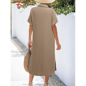 Robe chemise femme d'été décontractée à manches courtes boutonnée longueur midi avec poches en tissu tissé respirant - Product Image 4