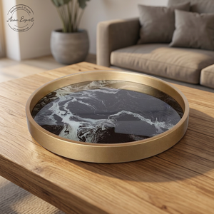 Round Golden Serving Tray with Black Marble Design Elegant Durable Finish Perfect for <b>Coffee</b> <b>Table</b> Home Decor and Parties - Product Image 1