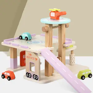 教育用木製おもちゃふり遊びおもちゃエレベーターヘリコプターランディングパッドシミュレーション駐車場木製駐車場おもちゃ