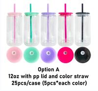 New China WarehouseRTS Lot de 25 boîtes en verre boule à neige de 12oz avec couvercles en plastique coloré et bidon en verre à double paroi en paille pour sublimation