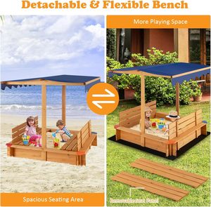 Kids Sandbox, Wooden Square Sandpit with Canopy, Built-in Seat, Bottom <b>Liner</b>, Outdoor Sand Box for Backyard <b>Garden</b> Beach - Product Image 6