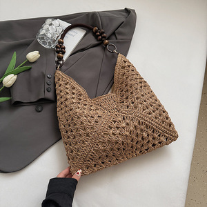 Borsa Tote Boho in Paglia Intrecciata all'Ingrosso, Borsa a Mano all'Uncinetto Fatta a Mano con Manico in Legno e <span class=keywords><strong>Perline</strong></span>, Grande Borsa da Spiaggia Estiva da Donna con Chiusura Magnetica - Product Image 6