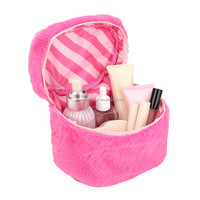 Sac de maquillage en peluche rose bonbon moelleux avec poignée, joli organiseur de cosmétiques pour les voyages