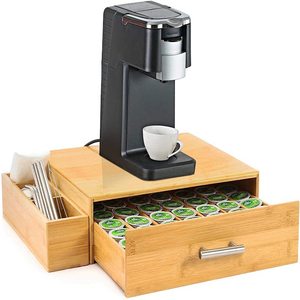 Customized Bamboo Coffee Pod Holder Storage Organizer with Drawer and Side Storage Box