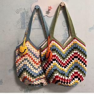 100% Hand-Crocheted Women's Grandmother Bag Creative Sweet Crochet Rainbow Wavy <b>Basket</b> Accessory Handbag Two Straps Open Closure - Product Image 2