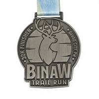 Custom Zinc Alloy Casting Antique Silver Finish Trail Run Medal with Digital Printing Ribbon