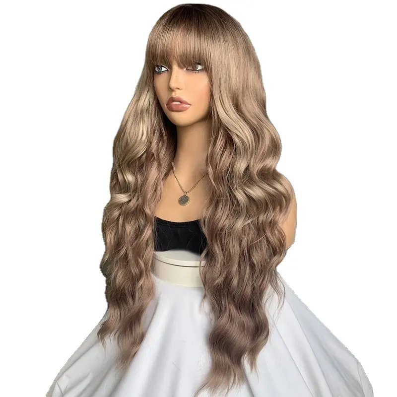 Xishixiuhair - Cabelo longo natural ondulado e reto com franja para mulheres, peruca sintética de cor marrom ombre a loira, ideal para uso diário em festas