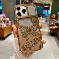 Étui de téléphone de luxe avec diamants en forme de papillon pour iPhone 11 12 13 14 15 16 17 18 Pro Max, coque arrière souple en TPU avec paillettes