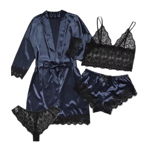 Luxury Silk <strong>Satin</strong> Pajamas Women Set 4pcs <strong>Lace</strong> Bridal <strong>Robe</strong> Sleeping Dress Silk Pajama Set For Women Sleepwear Sexy - Product Image 6