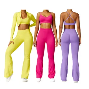 Yoke Wholesale Seamless Sportswear 3Pcs Yoga Suit Set High Waist Scrunch Yoga Wear Womens Gym Jacket Long Sleeve Activewear Set