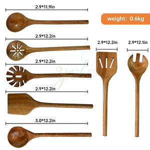 Premium 7 PCS Utensilio de cocina de madera de acacia natural Juego de cucharas Espátula con mango largo para cocinar Mezclar Hornear - Product Image 2
