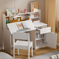 Ensemble bureau et chaise d'étude pour enfants blancs, bureau inclinable avec lumières 3 couleurs, poste de travail multifonctionnel pour enfants