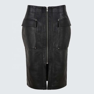 Jupe décontractée pour femmes en cuir véritable, idéale pour les soirées, avec taille élastique, poches et design plissé - Product Image 1