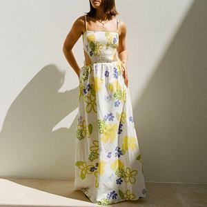 Summer Dress Factory Design Luxury Floral Print <b>Suspender</b> Dress OEM Rayon Smocked Ankle Length Dress - Product Image 2