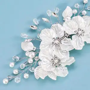 Kore zarif kabuk çiçek saç Pins gelin Petal saç tarak inci kafa parça Ladiesbridal tiara düğün saç taç için