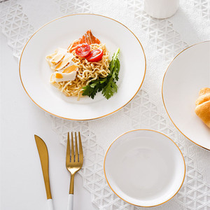 Service de table de luxe personnalisé, assiettes en porcelaine avec bordure dorée, <span class=keywords><strong>fond</strong></span> <span class=keywords><strong>blanc</strong></span>, motif rond élégant, service de fête - Product Image 1