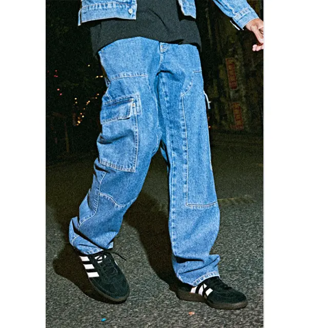 Custom light blue washed pants for men relaxed fit carpenter cargo pants street wear jeans homme