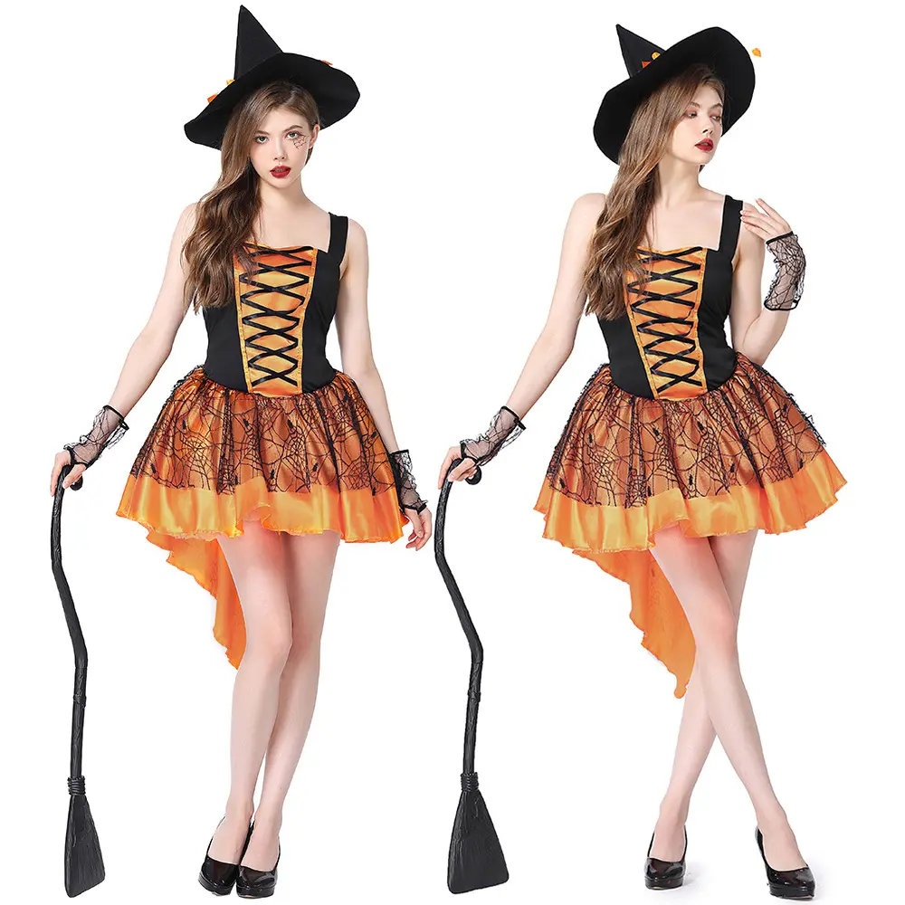 Women's Sexy Mesh Strap Halloween Costume Multi Color Witch Unique Design Adult Cosplay Dress Hat Handcuff Set