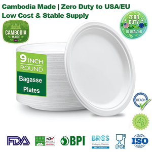 Piatti in Carta di Canna da Zucchero Compostabili da 9 Pollici, Piatti Monouso in Bagassa Personalizzabili, Biodegradabili, Senza PFAS, Prodotti in Cambogia, Esenti da Dazi Doganali - Product Image 1