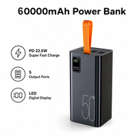 Batterie externe de voyage super grande capacité 60000 mAh, charge ultra rapide 22,5 W PD 20 W bidirectionnelle, écran LED portable, Type-C 50000 mAh