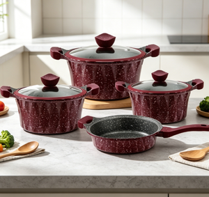 Ensemble de 7 ustensiles de cuisine <span class=keywords><strong>en</strong></span> aluminium moulé sous pression, revêtement granit, intérieur antiadhésif, couvercles <span class=keywords><strong>en</strong></span> silicone et <span class=keywords><strong>en</strong></span> verre, compatible lave-vaisselle, induction et gaz - Product Image 1