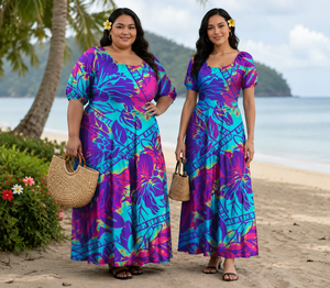 Vestido Largo Maxi Puletasi con Estampado <span class=keywords><strong>Tribal</strong></span> y Talla Grande, Manga Media Abullonada, Volantes en la Cintura, Vestido Casual Estilo Tonga Samoa - Product Image 1