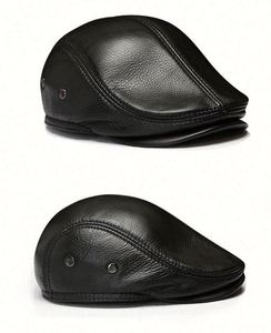 Bérets vintage pour hommes en cuir de vachette véritable, avec cache-oreilles, style casquette plate Ivy, coupe-vent, chauds, noirs et marron - Product Image 3