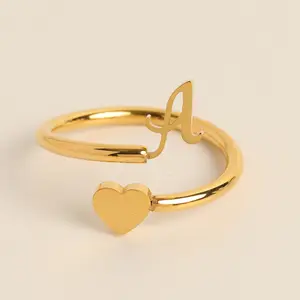 Mode nouveau design lettre coeur anneaux réglables 18K pvd plaqué or en acier inoxydable nickel anneau ouvert sans nickel pour femmes hommes bijoux