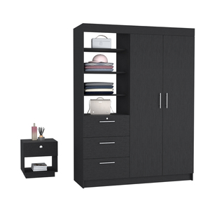Ensemble de chambre à coucher 2 pièces Peyton : Armoire et table de chevet noires avec tiroirs et étagères pour le rangement - Product Image 1